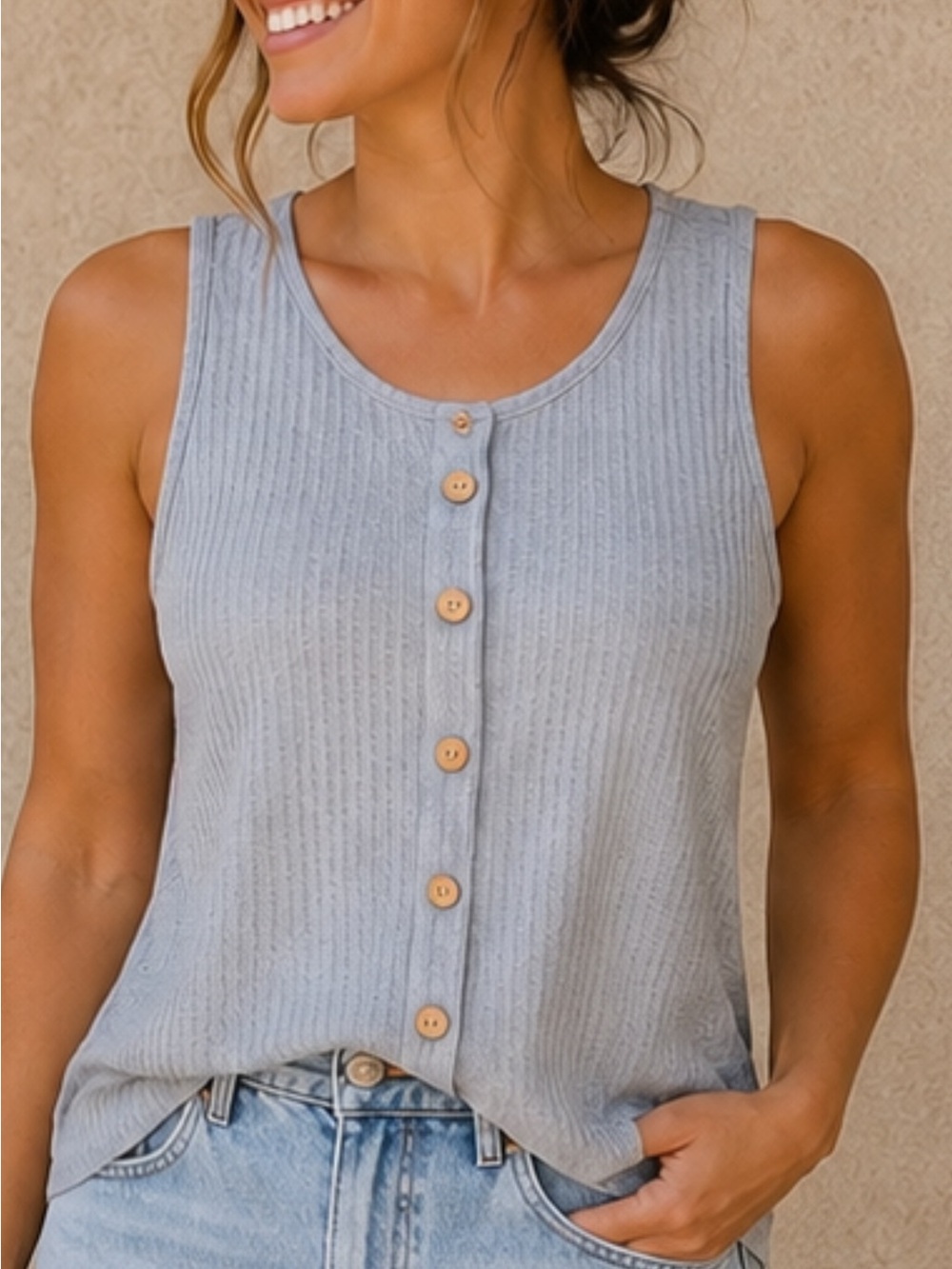 SPIN | Light Blue Textured Button Front Tank Top | Medium